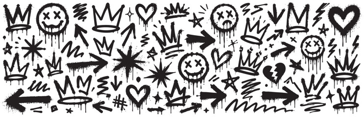 Set of hand-drawn graffiti elements including crowns, smiley faces, hearts, stars, and arrows. Vector illustration of urban street art icons and symbols. © Zbrake Studio
