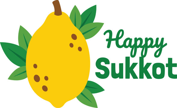 Yellow etrog fruit with green leaves and happy sukkot text in a flat style on a white background jewish