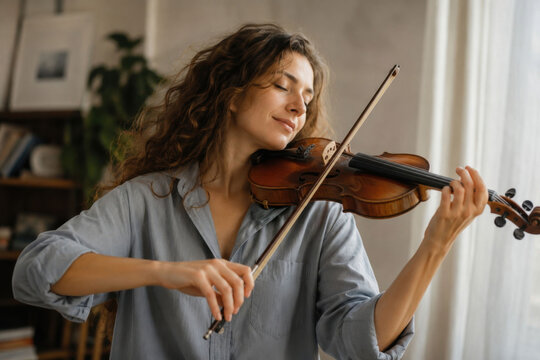 Young woman peacefully playing the violin at home