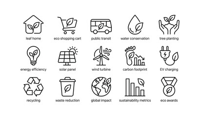 Fototapeta premium Eco and sustainability icons arranged in grid on white background