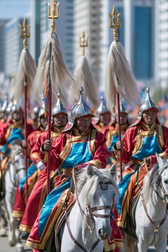 Mongolian cavalry parade through a modern city