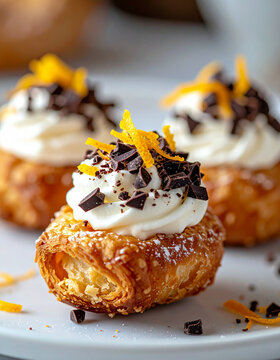 Bite-sized cannoli with crispy golden pastry shells with smooth creamy ricotta, delicate chocolate pieces, fresh citrus zest garnish, authentic Italian dessert, elegant presentation. Close-up.
