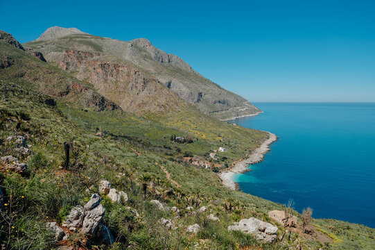 Panoramic view of Cala Tonnarella dell'Uzzo in Zingaro Nature Reserve