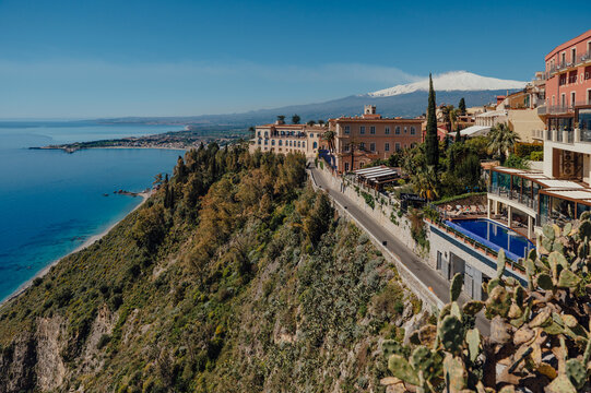 Panoramic view of Mount Etna and the Ionian coast from Taormina