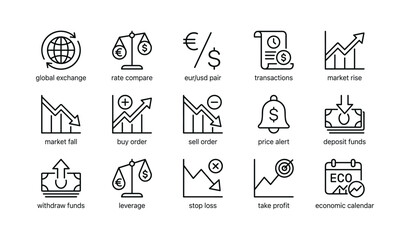 Fototapeta premium Grid of finance icons illustrating forex concepts and charts