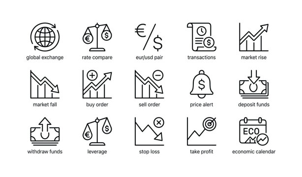 Grid of finance icons illustrating forex concepts and charts