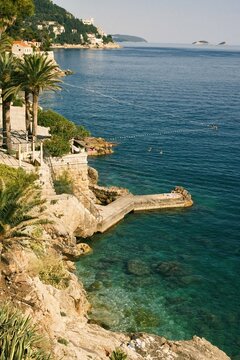 Scenic View of a Stone Terrace and Turquoise Adriatic Sea in Dubrovnik