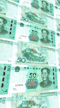 Seamless Loop Chinese 50 Yuan Bills Arrangement, Vertical Video, CNY Money Finance Concept for Instagram TikTok Reels