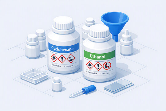 Chemical Liquid Hazard Bottles Cyclohexane and Ethanol Isometric Laboratory Illustration