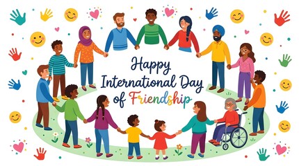 Fototapeta premium Happy international day of friendship illustration with diverse group of people holding hands in a circle