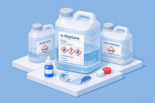 Hazardous Chemical Liquids in Plastic Containers with Safety Goggles and GHS Warning Labels Isometric View