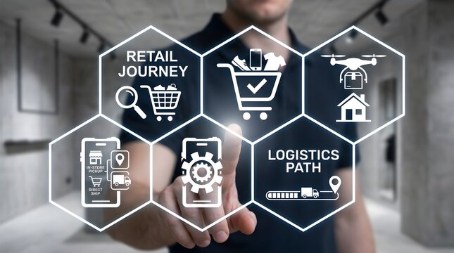 Man interacting with e-commerce and logistics icons on a digital interface in a modern indoor setting