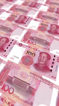 Seamless Looping Chinese One Hundred Yuan Banknotes Stack, Vertical Orientation, CNY Currency Background for Social Media Finance