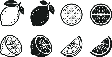 Lemon Icon Set with Fresh Whole Citrus Lime Slices Half Fruit Cutout Graphic Stencil and Organic Food Silhouette Vector ElementsLemon Icon Set with Fresh Whole Citrus Lime Slices Half Fruit Cutout Gra © Sonjoy