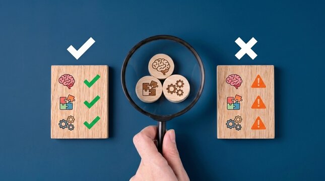 Hand Holding Magnifying Glass Auditing Business Process Icons Between Checkmark and Warning Blocks
