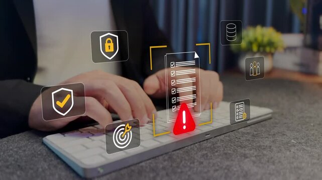 Digital Compliance Checklist and Risk Assessment concept,  online documents on laptop, audit management, risk assessment, data protection, cybersecurity standards, 