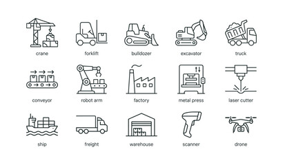 Fototapeta premium Construction and logistics equipment icons arranged on white grid