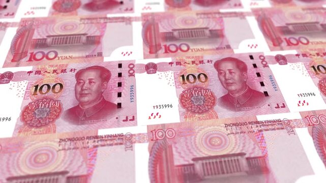 Seamless Loop Chinese Hundred Yuan Renminbi Banknotes Stack, Horizontal Orientation, CNY Money Wealth Concept for Business