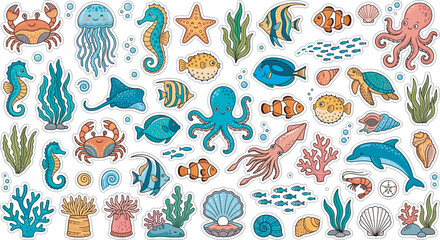 Cute sea animal sticker vector collection with cartoon octopus dolphin crab jellyfish seahorse and corals on white background © Sujon Shah