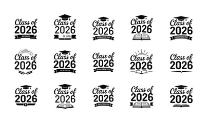 Fototapeta premium Class of 2026 Graduation Typography Ribbon Quotes SVG Vector Silhouette Mega Bundle Emblem Set