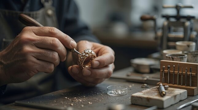 Close-up of skilled hands crafting jewelry in a workshop with tools and metal pieces