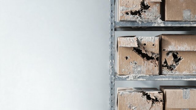 Dusty and aged cardboard boxes sit on a metal shelf, bearing signs of neglect and decay. Their worn surfaces tell stories of forgotten items and lost time in a dimly lit storage area.
