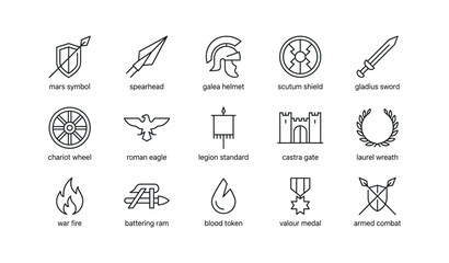 Fototapeta premium Roman military icons arranged in labeled grid on white background