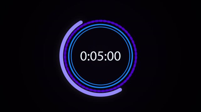10 second countdown timer sequence with white number text glowing from 10 to 0 with blue and purple circle elements. Circle countdown timer 10 sec on black background 4K UHD