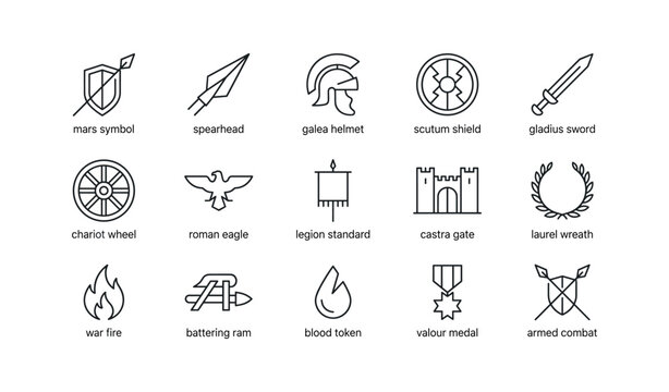 Roman military icons arranged in labeled grid on white background