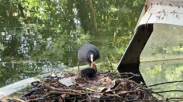 Eurasian coot bird feeding its small fluffy chick in a nest built on river water surface close up.