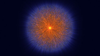 Fototapeta premium Abstract orange energy sphere with blue glowing particle halo on dark background