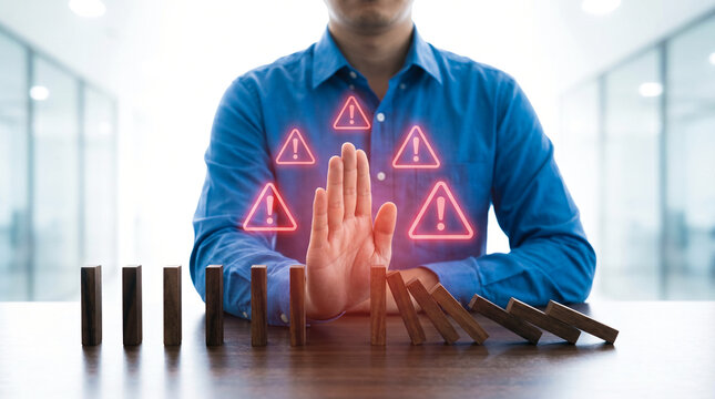 Businessman Stopping Domino Effect with Hand to Prevent Business Risk and Financial Crisis in Corporate Environment