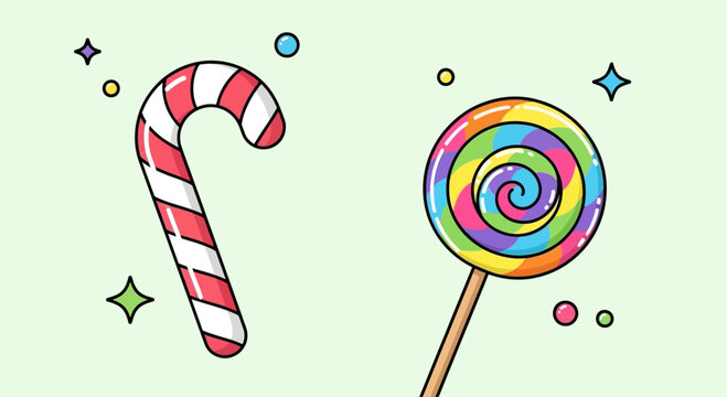 A colorful candy cane and a vibrant rainbow swirl lollipop illustration.