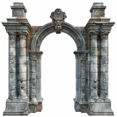 Naklejka premium Old stone archway with columns is showing damage and crumbling stonework