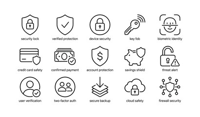 Fototapeta premium Security and protection icons arranged in grid on white background