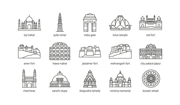 Indian monuments and landmark icons in grid on white background