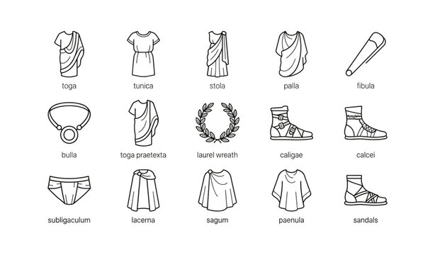 Roman clothing and accessories displayed in grid on white background