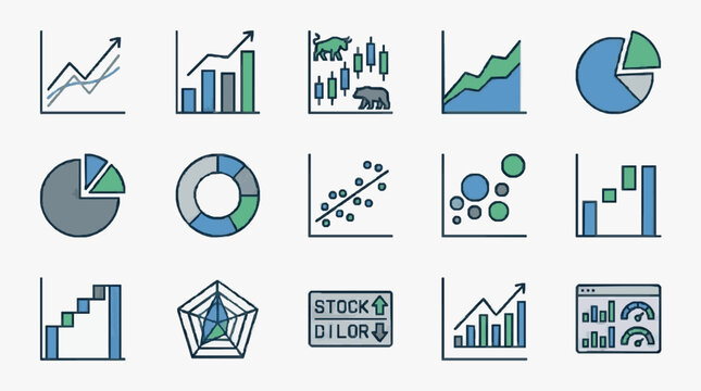 Sleek Minimalist Icons Showcasing Financial Data Visualization with Blue and Green Color Schemes