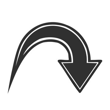 Dark gray curved arrow pointing down on white background