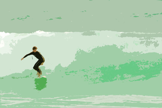 A surfer rides on a wave. illustration with room for text.