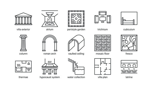 Roman villa architecture icons displayed in grid on white background