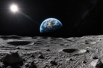 Fototapeta premium Earth hangs in the black sky above a desolate, cratered lunar surface.