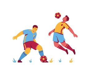 Fototapeta premium Soccer Tournament Action Players Kicking and Heading Ball Flat Design Illustration