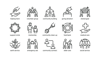 Obraz premium Community service icons illustrating volunteering and social support