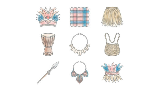 Papua and Maluku Traditional Attire and Tifa Drum Icon Set Vector