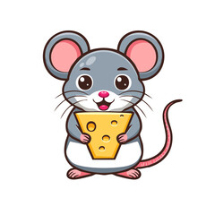 Fototapeta premium Cute cartoon mouse holding cheese slice