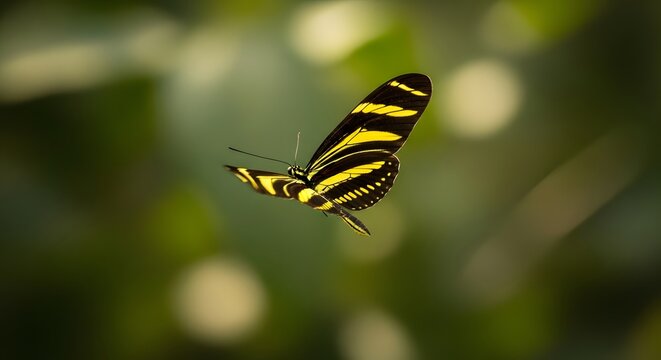 Zebra Longwing Butterfly in flight with soft green bokeh background during daytime