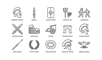 Fototapeta premium Gladiator and roman arena icons arranged in grid layout