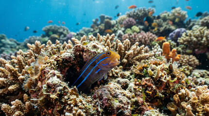 Close up of Blue lined sabre tooth blenny (plagiotremus rhinorhynchos) in its Natural Habitat undersea, Great Barrier Reef, Australia.  © pinan