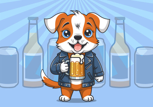 Vector cartoon cute cheerful standing doggy in jacket with mug of beer. Drunk funny puppy. Intoxicating alcoholic drink. Toon dog. Bar, pub, bottle and beery can. Light rays